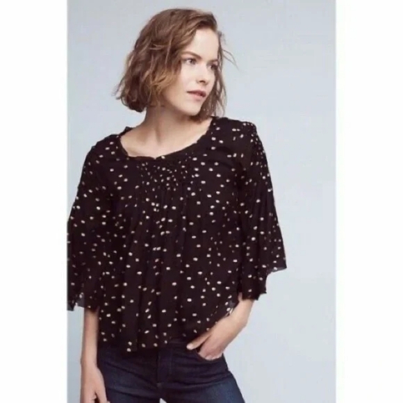 Anthropologie Floreat Black Gold Oval Polka Dot Bell Sleeve Blouse - M - Picture 2 of 10
